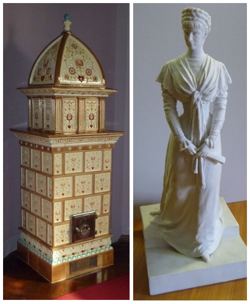 Tárgyak az állandó kiállításból: kályha és miniatűr szobor Erzsébet királyné